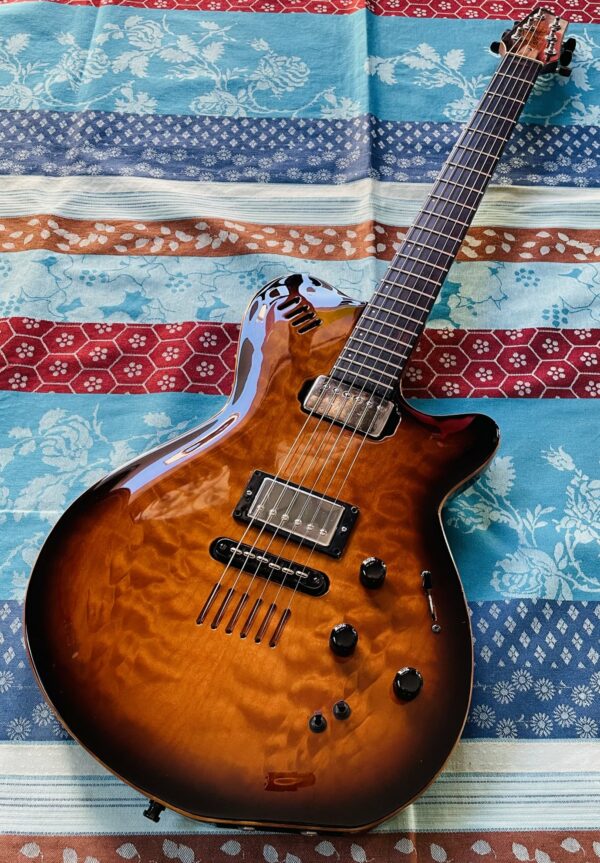 Guitare électrique Godin LGX-SA lightburst flame AAA n°01432225AA (2001, Canada), housse Godin