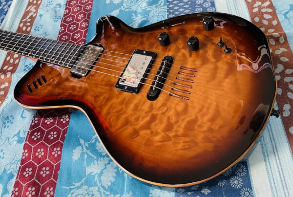 Guitare électrique Godin LGX-SA lightburst flame AAA n°01432225AA (2001, Canada), housse Godin – Image 2