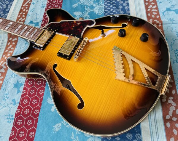 Guitare hollow body D’Angelico Excel EX DCTP vintage sunburst n°W801666 (Korea), étui D’Angelico, sangle Shiver avec Straplocks – Image 2