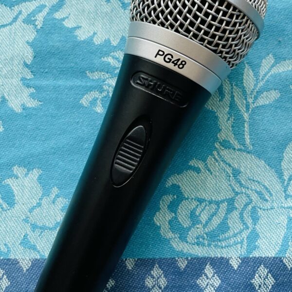 Microphone dynamique Shure PG58 (coque cabossée), câble XRL, pince, housse Shure