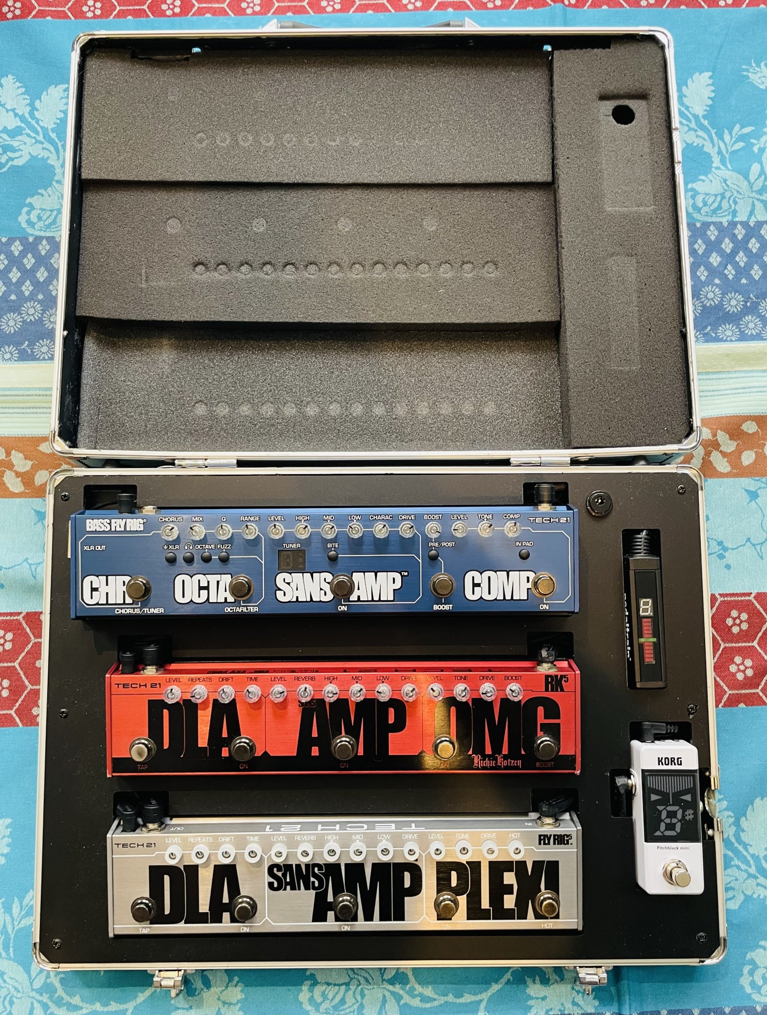 Valise pack Tech 21 : Bass Flyrig, Ritchie Kotzen RK5, Fly Rig 5, accordeur Korg Pitchblack Mini, accordeur Pedaltrain SST, valise, montage électrique dédié