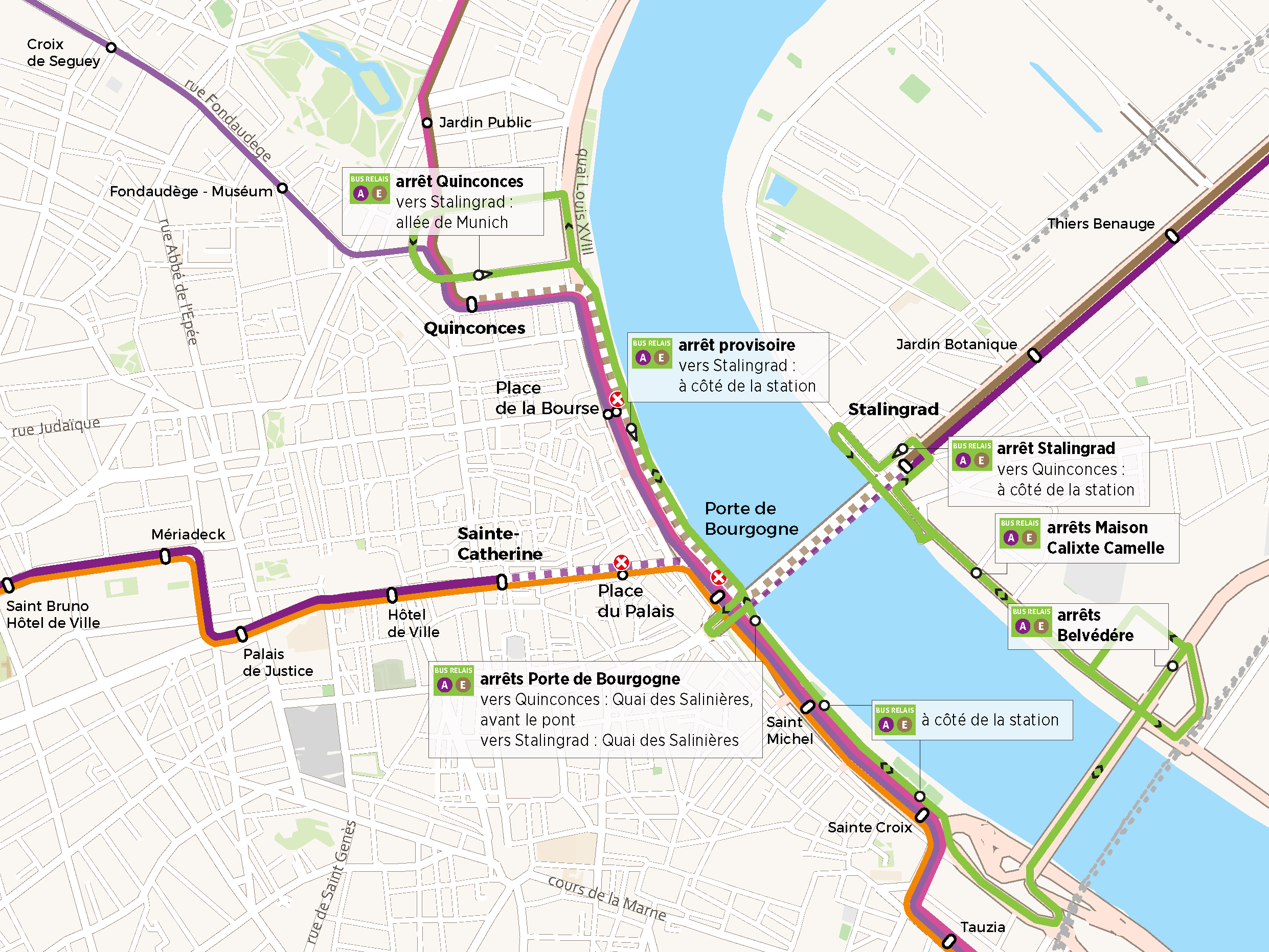 Plan des bus relais A et E pour la coupure du tram au pont de pierre!